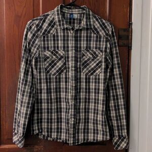 Divided Slim Fit Black + White Plaid Cotton Western Style Shirt w/Snaps Sz XS